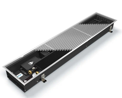 Встраиваемый в пол конвектор Varmann Qtherm Q 230.75.2000 RR U RAL9005 L, шириной 230 мм, высотой 75 мм, длиной 2000 мм, решетка роликовая из алюминия, окрашенная в цвет по RAL9005, декоративная рамка из U-образного профиля, подключение слева, вентиляторы